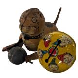 Vintage Marx Pressed Tin Wind Up Toy, Sandy from Little Orphan Annie and Vintage Lithograph Baby Rattle