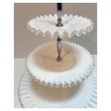 Three-Tiered Milk Glass Serving Tray with Ruffled Edges with Bonus Plate Three-Tiered Milk Glass Serving Tray with Ruffled Edges with Bonus Plate
