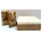 Onyx Carved Bookends and Decorative Inlay Wood Box Set Onyx Carved Bookends and Decorative Inlay Wood Box Set