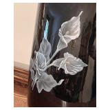 Black Ceramic Table Lamp with White Etched Calla Lily Design and Shade Black Ceramic Table Lamp with White Etched Calla Lily Design and Shade