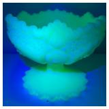 Fenton Custard Satin Glass Pedestal Bowl with Uranium Glow Fenton Custard Satin Glass Pedestal Bowl with Uranium Glow