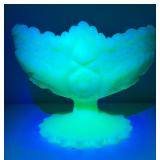 Fenton Custard Satin Glass Pedestal Bowl with Uranium Glow Fenton Custard Satin Glass Pedestal Bowl with Uranium Glow