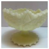 Fenton Custard Satin Glass Pedestal Bowl with Uranium Glow Fenton Custard Satin Glass Pedestal Bowl with Uranium Glow