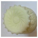 Fenton Custard Satin Glass Pedestal Bowl with Uranium Glow Fenton Custard Satin Glass Pedestal Bowl with Uranium Glow