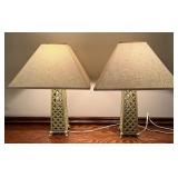 Pair of Metal Table Lamps with Lattice Design and Square Shades Pair of Metal Table Lamps with Lattice Design and Square Shades