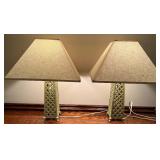 Pair of Metal Table Lamps with Lattice Design and Square Shades Pair of Metal Table Lamps with Lattice Design and Square Shades