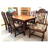Antique Expandable Dining Table with 6 Ornately Carved Chairs Antique Expandable Dining Table with 6 Ornately Carved Chairs