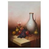 C. John Wallace Original Oil Painting Still Life with Fruit and Jug C. John Wallace Original Oil Painting Still Life with Fruit and Jug