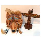 Carved Wolf Mask and Alaskan Raven Totem Native American Style Decor Set Carved Wolf Mask and Alaskan Raven Totem Native American Style Decor Set