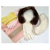 Vintage Accessories Collection with Pink Sari, Fur Collar, Gloves, and Beaded Hat Vintage Accessories Collection with Pink Sari, Fur Collar, Gloves, and Beaded Hat
