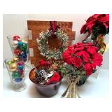 Holiday Decor Collection with Christmas Sign, Artificial Poinsettias, Ornaments, and Angel Figure Holiday Decor Collection with Christmas Sign, Artificial Poinsettias, Ornaments, and Angel Figure