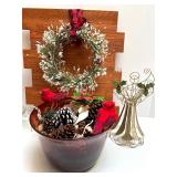 Holiday Decor Collection with Christmas Sign, Artificial Poinsettias, Ornaments, and Angel Figure Holiday Decor Collection with Christmas Sign, Artificial Poinsettias, Ornaments, and Angel Figure