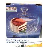 3 Piece Glass Serveware Set: Cake Plate, Trifle Bowl, and 8-Piece Oval Tray 3 Piece Glass Serveware Set: Cake Plate, Trifle Bowl, and 8-Piece Oval Tray