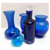 Set of 4 Blue Glass Vases and Cobalt Blue Decanter with Stopper Set of 4 Blue Glass Vases and Cobalt Blue Decanter with Stopper