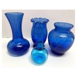 Set of 4 Blue Glass Vases and Cobalt Blue Decanter with Stopper Set of 4 Blue Glass Vases and Cobalt Blue Decanter with Stopper