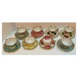 Set of 8 Hand Painted Vintage Fan Crest Teacups and Saucers Iridescent with Gold Trim Set of 8 Hand Painted Vintage Fan Crest Teacups and Saucers Iridescent with Gold Trim