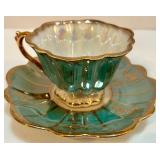 Set of 8 Hand Painted Vintage Fan Crest Teacups and Saucers Iridescent with Gold Trim Set of 8 Hand Painted Vintage Fan Crest Teacups and Saucers Iridescent with Gold Trim