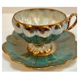 Set of 8 Hand Painted Vintage Fan Crest Teacups and Saucers Iridescent with Gold Trim Set of 8 Hand Painted Vintage Fan Crest Teacups and Saucers Iridescent with Gold Trim