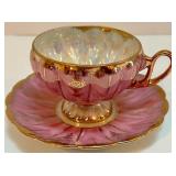 Set of 8 Hand Painted Vintage Fan Crest Teacups and Saucers Iridescent with Gold Trim Set of 8 Hand Painted Vintage Fan Crest Teacups and Saucers Iridescent with Gold Trim