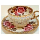 Set of 8 Hand Painted Vintage Fan Crest Teacups and Saucers Iridescent with Gold Trim Set of 8 Hand Painted Vintage Fan Crest Teacups and Saucers Iridescent with Gold Trim