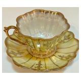 Set of 8 Hand Painted Vintage Fan Crest Teacups and Saucers Iridescent with Gold Trim Set of 8 Hand Painted Vintage Fan Crest Teacups and Saucers Iridescent with Gold Trim