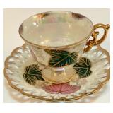 Set of 8 Hand Painted Vintage Fan Crest Teacups and Saucers Iridescent with Gold Trim Set of 8 Hand Painted Vintage Fan Crest Teacups and Saucers Iridescent with Gold Trim