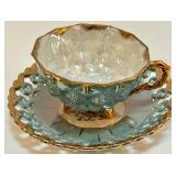 Set of 8 Hand Painted Vintage Fan Crest Teacups and Saucers Iridescent with Gold Trim Set of 8 Hand Painted Vintage Fan Crest Teacups and Saucers Iridescent with Gold Trim