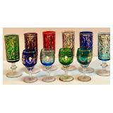 Set of 10 Vintage Hand-Painted Colored Stemmed Glasses with Gold Details Set of 10 Vintage Hand-Painted Colored Stemmed Glasses with Gold Details