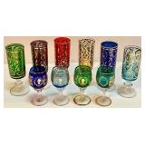 Set of 10 Vintage Hand-Painted Colored Stemmed Glasses with Gold Details Set of 10 Vintage Hand-Painted Colored Stemmed Glasses with Gold Details