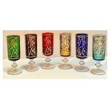 Set of 10 Vintage Hand-Painted Colored Stemmed Glasses with Gold Details Set of 10 Vintage Hand-Painted Colored Stemmed Glasses with Gold Details