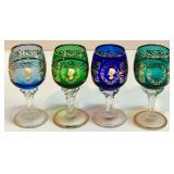 Set of 10 Vintage Hand-Painted Colored Stemmed Glasses with Gold Details Set of 10 Vintage Hand-Painted Colored Stemmed Glasses with Gold Details