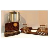 Mid-Century Barware Set with Stainless Ice Bucket, Wooden Snack Trays, and Condiment Server Mid-Century Barware Set with Stainless Ice Bucket, Wooden Snack Trays, and Condiment Server