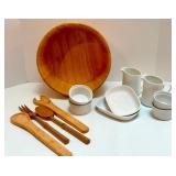 Wood Salad Bowl Set with Servers and White Porcelain Serveware Collection Wood Salad Bowl Set with Servers and White Porcelain Serveware Collection