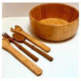 Wood Salad Bowl Set with Servers and White Porcelain Serveware Collection Wood Salad Bowl Set with Servers and White Porcelain Serveware Collection