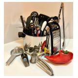 Large Kitchen Utensil Lot with Graters, Tongs, and Collectible Red Pepper Dish Large Kitchen Utensil Lot with Graters, Tongs, and Collectible Red Pepper Dish