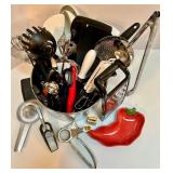 Large Kitchen Utensil Lot with Graters, Tongs, and Collectible Red Pepper Dish Large Kitchen Utensil Lot with Graters, Tongs, and Collectible Red Pepper Dish