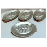 Set of 4 Vintage Metal Sizzle Platters with Wooden Trays Set of 4 Vintage Metal Sizzle Platters with Wooden Trays
