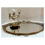 Vintage Ornate Oval Vanity Mirror Tray with Gold Floral Rim and Glass Hurricane Candle Holder Vintage Ornate Oval Vanity Mirror Tray with Gold Floral Rim and Glass Hurricane Candle Holder