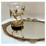 Vintage Ornate Oval Vanity Mirror Tray with Gold Floral Rim and Glass Hurricane Candle Holder Vintage Ornate Oval Vanity Mirror Tray with Gold Floral Rim and Glass Hurricane Candle Holder