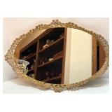Vintage Ornate Oval Vanity Mirror Tray with Gold Floral Rim and Glass Hurricane Candle Holder Vintage Ornate Oval Vanity Mirror Tray with Gold Floral Rim and Glass Hurricane Candle Holder