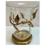 Vintage Ornate Oval Vanity Mirror Tray with Gold Floral Rim and Glass Hurricane Candle Holder Vintage Ornate Oval Vanity Mirror Tray with Gold Floral Rim and Glass Hurricane Candle Holder