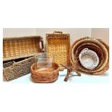 Collection of Wicker Baskets and Decorative Glass Bowl Collection of Wicker Baskets and Decorative Glass Bowl