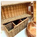 Collection of Wicker Baskets and Decorative Glass Bowl Collection of Wicker Baskets and Decorative Glass Bowl