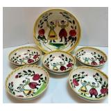 Set of 6 Vintage Hand-Painted Folk Art Ceramic Bowls Set of 6 Vintage Hand-Painted Folk Art Ceramic Bowls