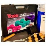Exercise and Wellness Lot: York Fitbells, Aircast Cryo/Cuff, Vintage Cat Planter, and Massage Roller Exercise and Wellness Lot: York Fitbells, Aircast Cryo/Cuff, Vintage Cat Planter, and Massage Roller