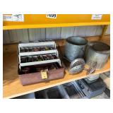 Vintage Fishing Equipment Collection with Tackle Box and Metal Fish Baskets