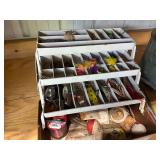 Vintage Fishing Equipment Collection with Tackle Box and Metal Fish Baskets