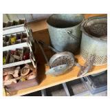 Vintage Fishing Equipment Collection with Tackle Box and Metal Fish Baskets