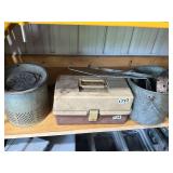 Vintage Fishing Equipment Collection with Tackle Box and Metal Fish Baskets