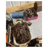 Box of Mixed Tools with Heavy Chain and Jack Handle